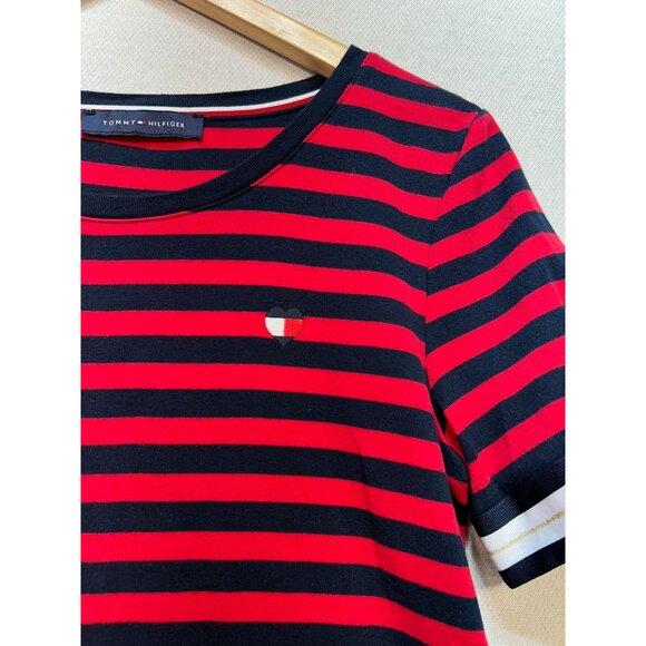 Tommy Hilfiger Women Crew Neck T-Shirt Bow Sleeve Stretch Red Blue Stripe Casual - Picture 8 of 12